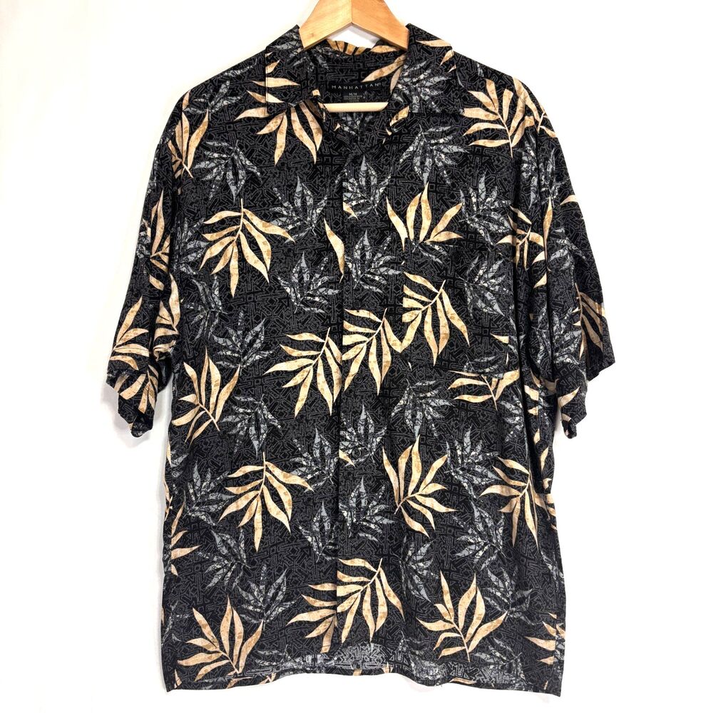 Manhattan Mens Button Up Shirt Sz‎ M Black Leaves Camp Hawaiian Cabana Vacation